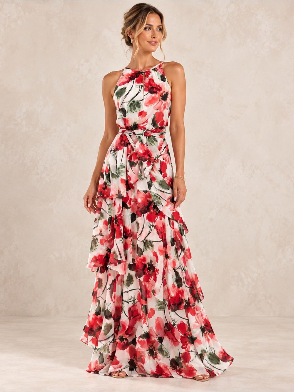 Tahari White Maxi Dress with Red Floral Print and Green Leaves